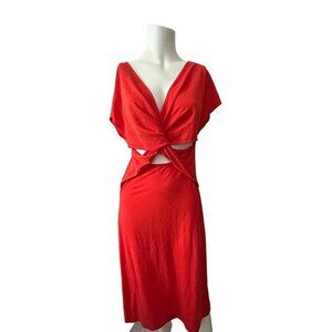 Spencer Shaw orange red twist Knot Front V Neck Cap Sleeve Midi Dress med